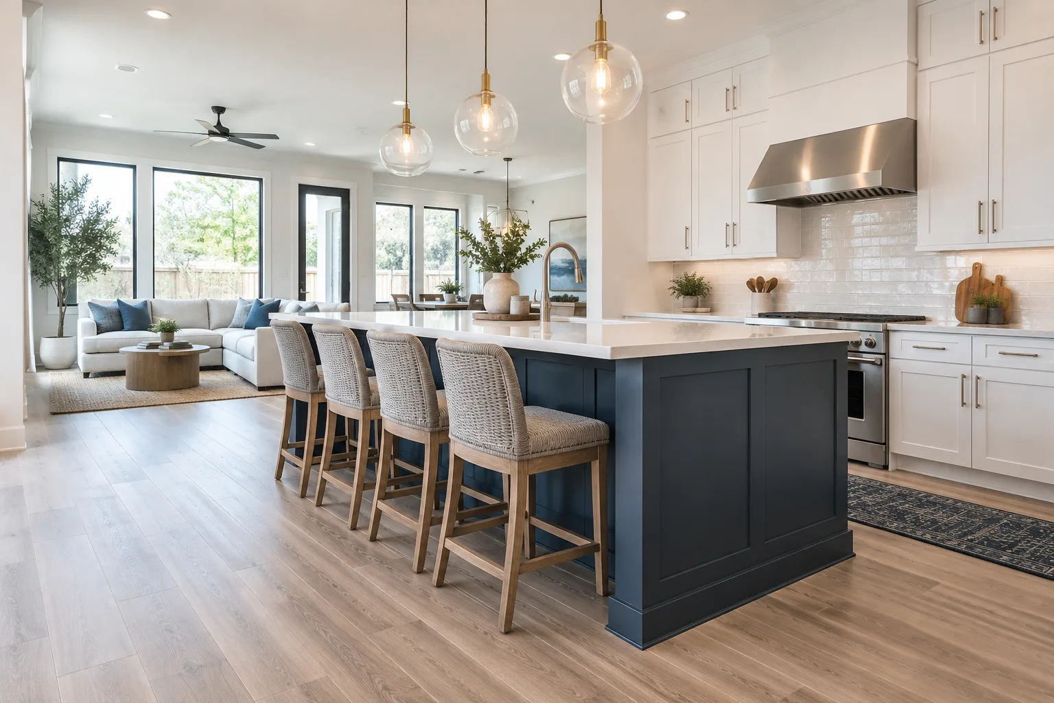 A finished remodeled interior with clean new cabinetry, floors and baseboards