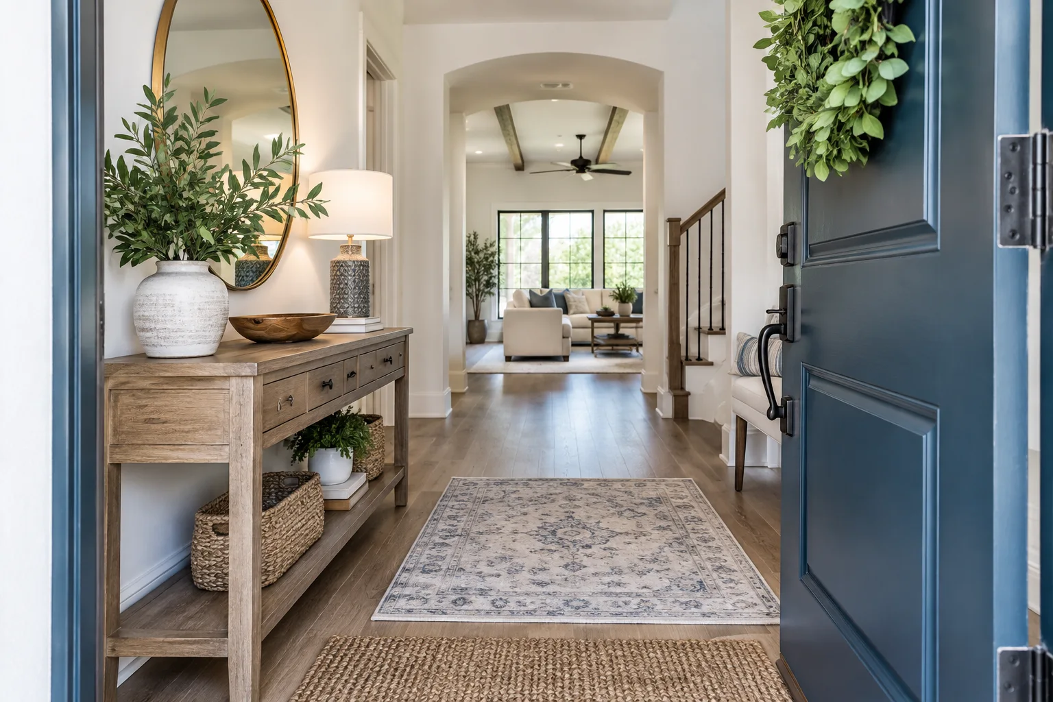 An inviting home entrance with an open front door and a clean foyer